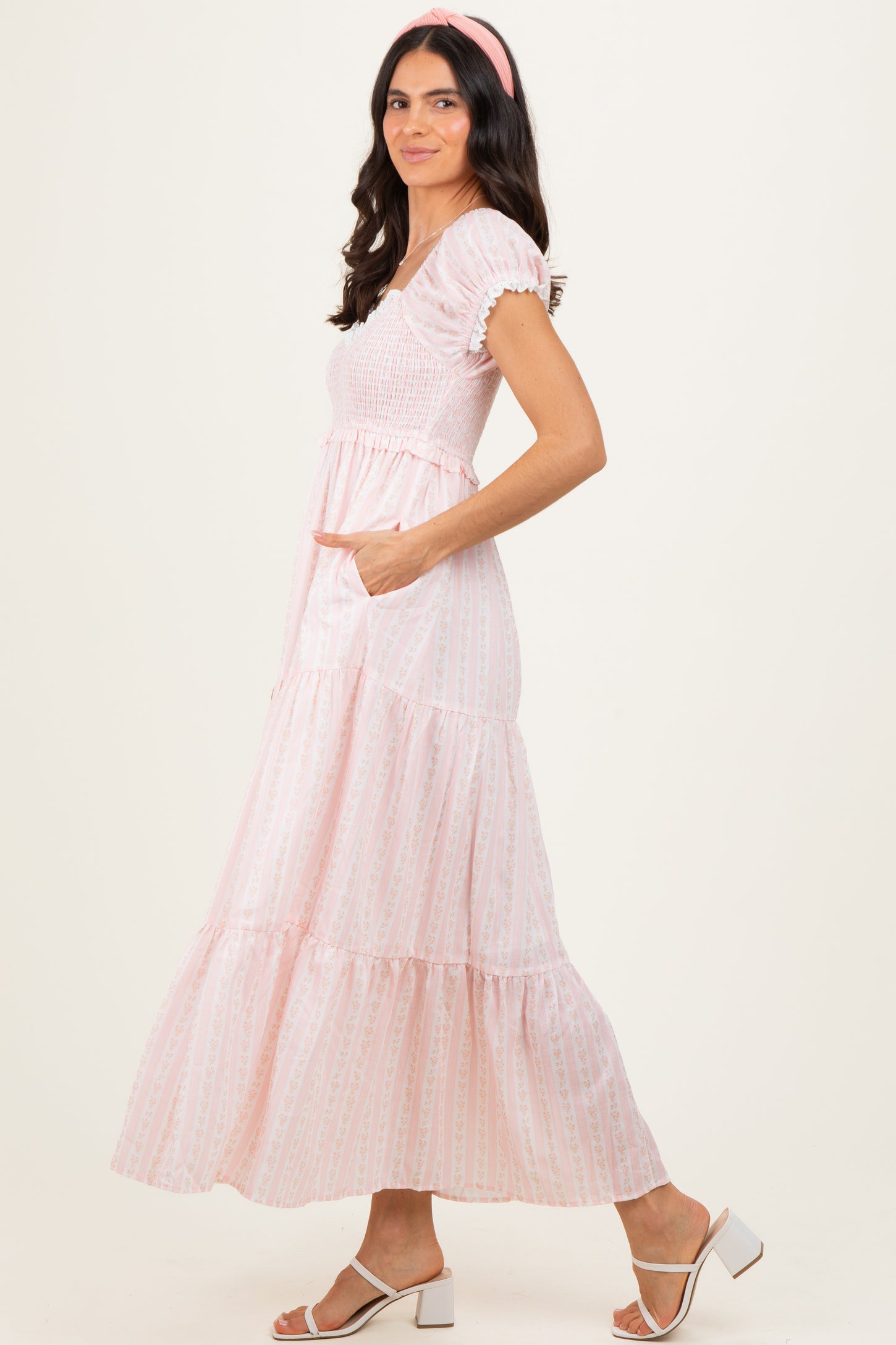 Light Pink Floral Lace Trim Tiered Maxi Dress