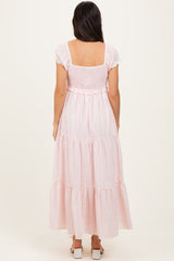 Light Pink Floral Lace Trim Tiered Maxi Dress