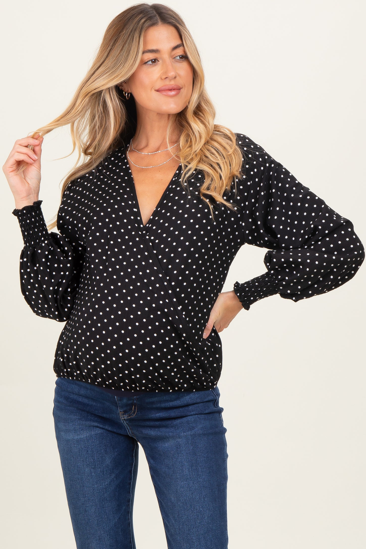 Black Polka Dot Long Sleeve Smocked Maternity Top