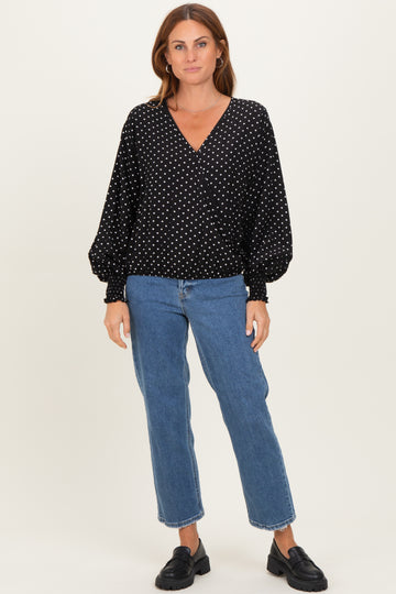 Black Polka Dot Long Sleeve Smocked Top