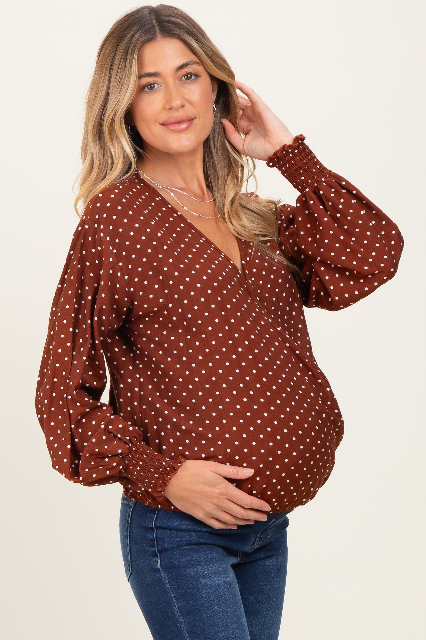 Brown Polka Dot Long Sleeve Smocked Maternity Top