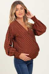 Brown Polka Dot Long Sleeve Smocked Maternity Top