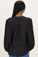 Black Polka Dot Long Sleeve Button Down V-Neck Top