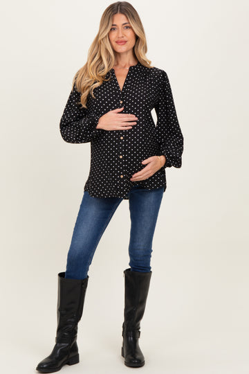 Black Polka Dot Long Sleeve Button Down V-Neck Maternity Top