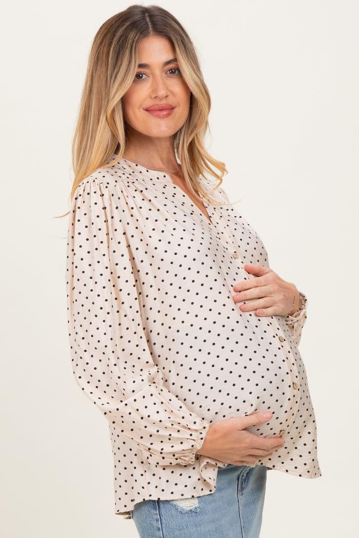 Ivory Polka Dot Long Sleeve Button Down V-Neck Maternity Top