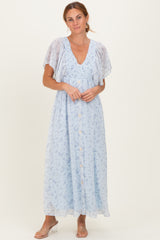 Ivory Floral Chiffon Short Sleeve V-Neck Smocked Top Maxi Dress
