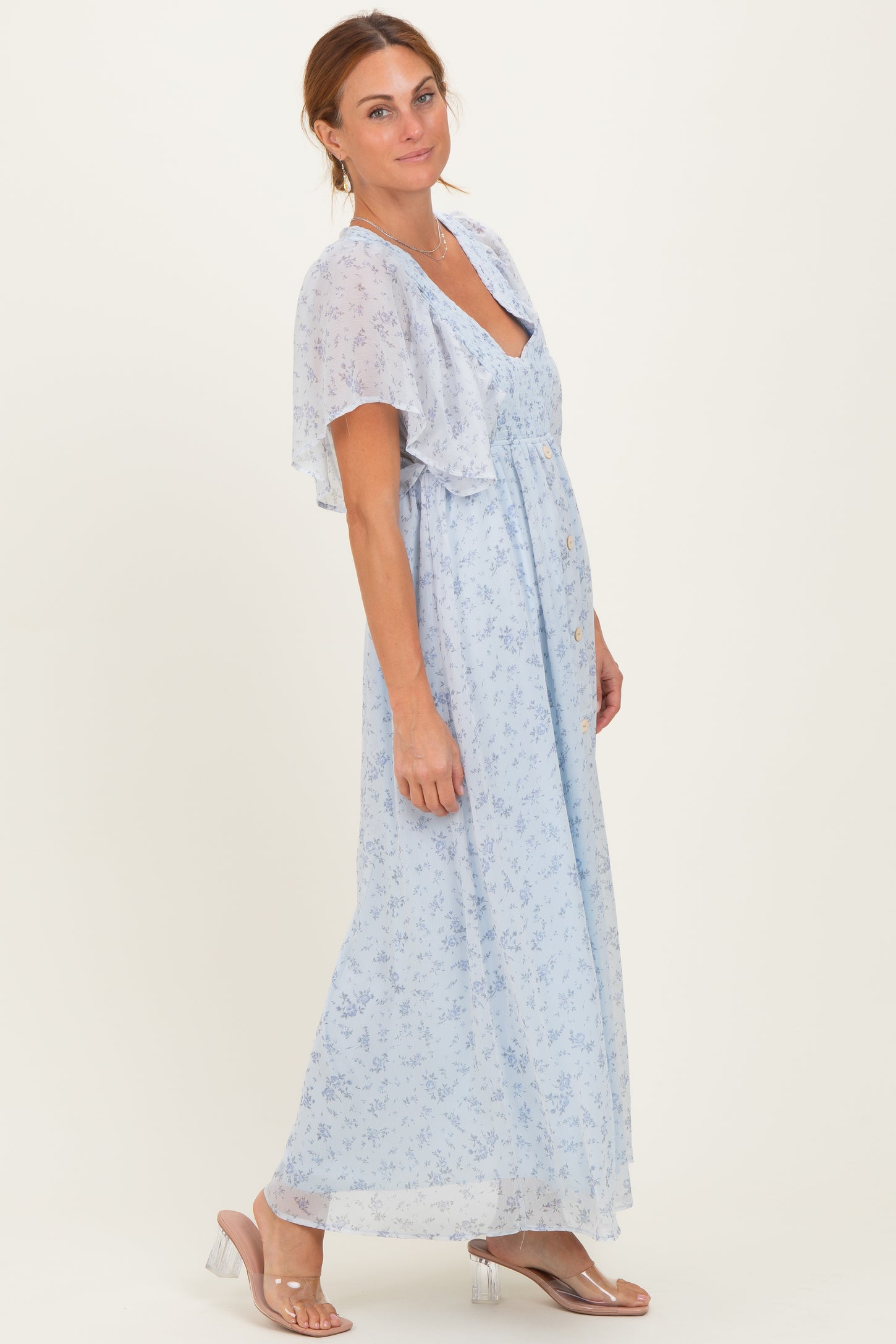 Ivory Floral Chiffon Short Sleeve V-Neck Smocked Top Maxi Dress