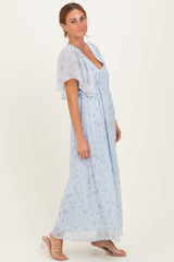 Ivory Floral Chiffon Short Sleeve V-Neck Smocked Top Maxi Dress