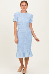 Light Blue Smocked Fitted Maternity Midi Dress