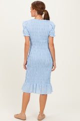 Light Blue Smocked Fitted Midi Dress