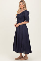 Navy Smocked Ruffle Square Neck Midi Dress