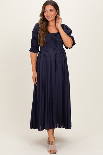 Navy Smocked Ruffle Square Neck Maternity Midi Dress