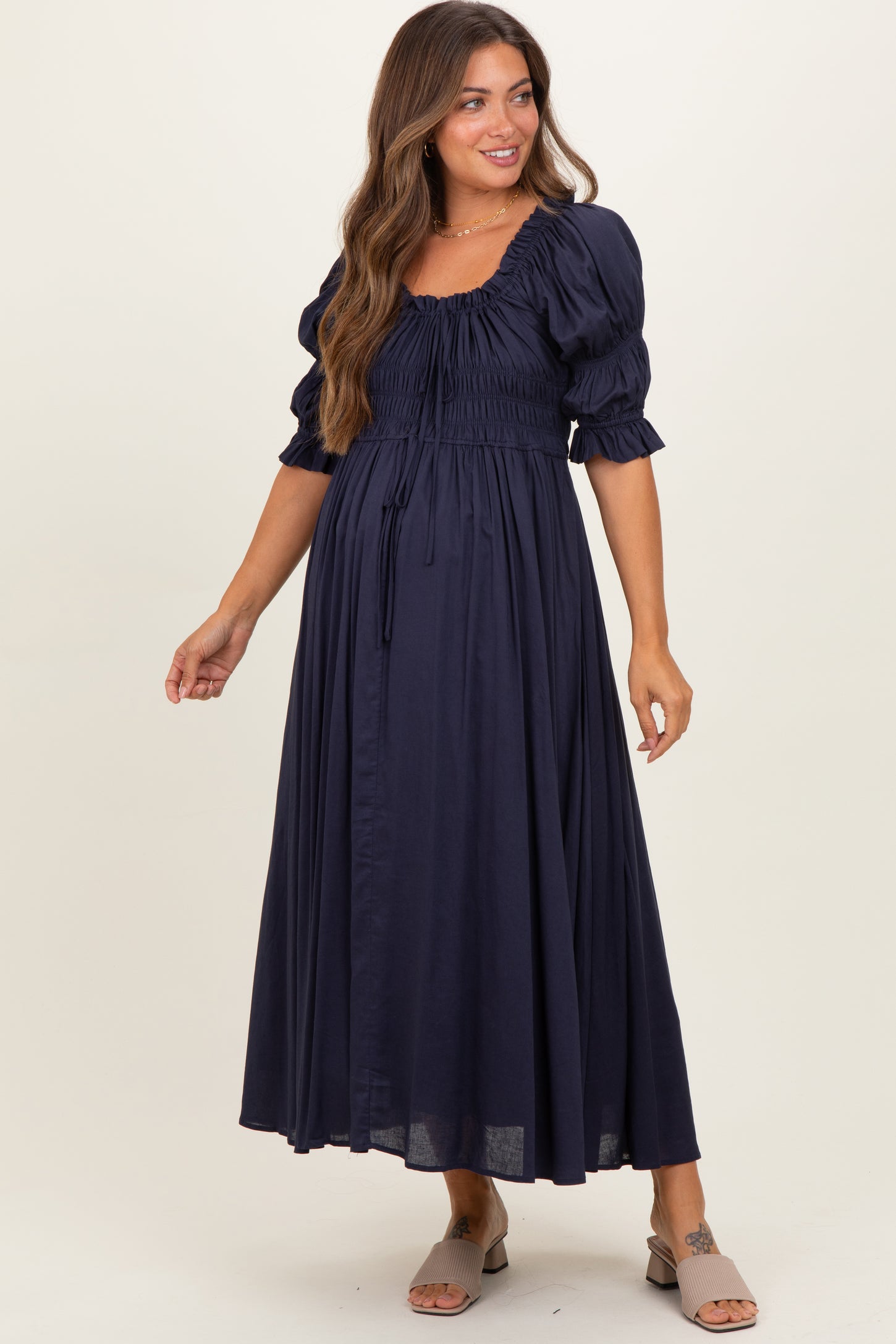 Navy Smocked Ruffle Square Neck Maternity Midi Dress