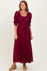 Burgundy Smocked Ruffle Square Neck Maternity Midi Dress