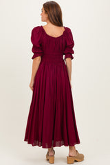 Burgundy Smocked Ruffle Square Neck Midi Dress