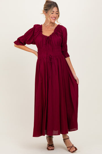 Burgundy Smocked Ruffle Square Neck Maternity Midi Dress