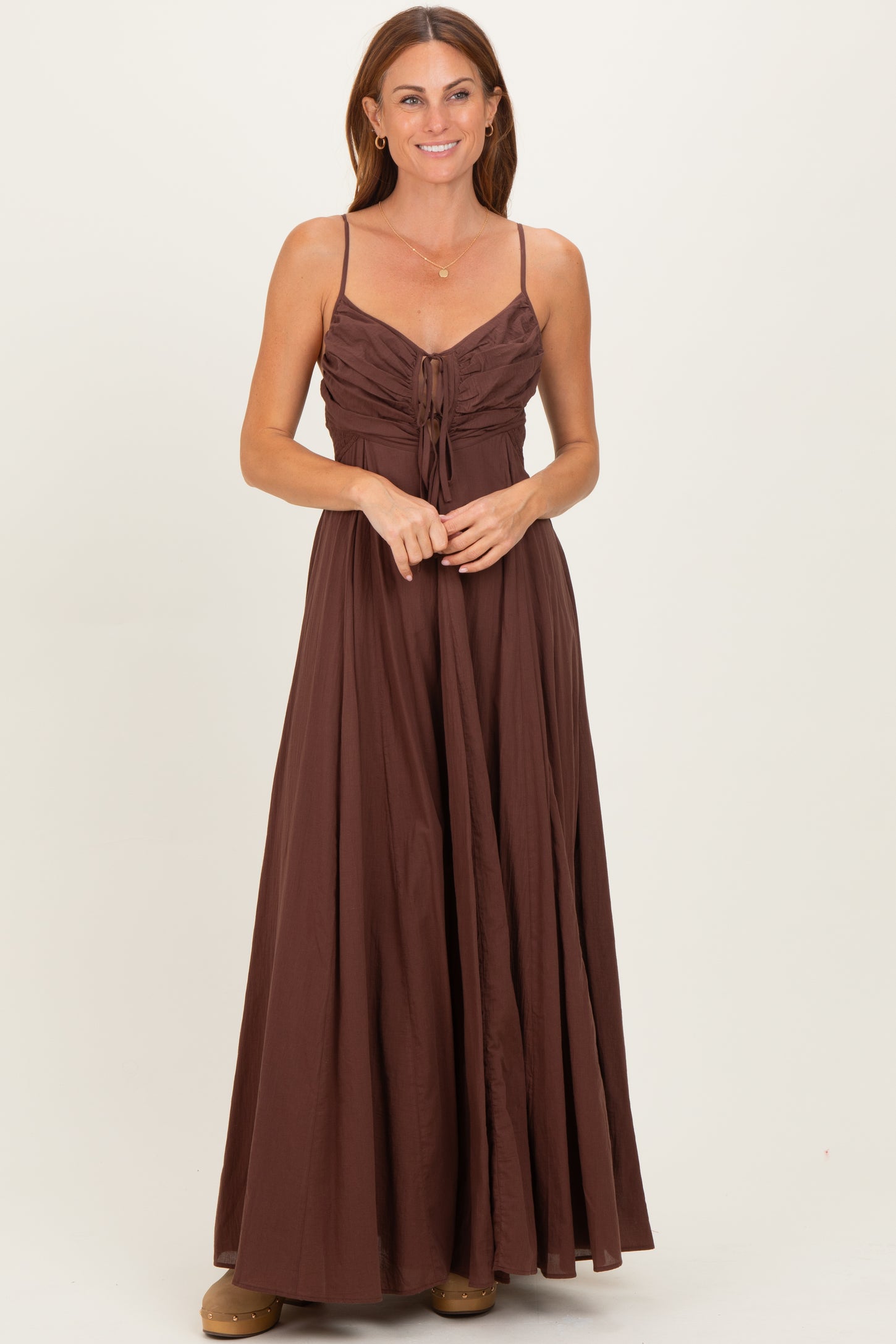 Burgundy Gathered Tie Front Maxi Dress