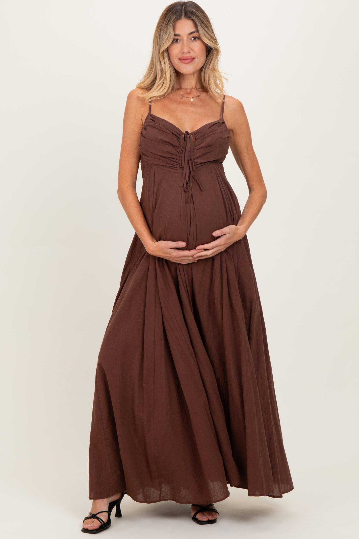 Brown Gathered Tie Front Maternity Maxi Dress