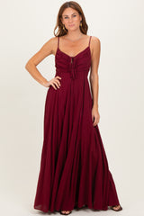 Burgundy Gathered Tie Front Maternity Maxi Dress