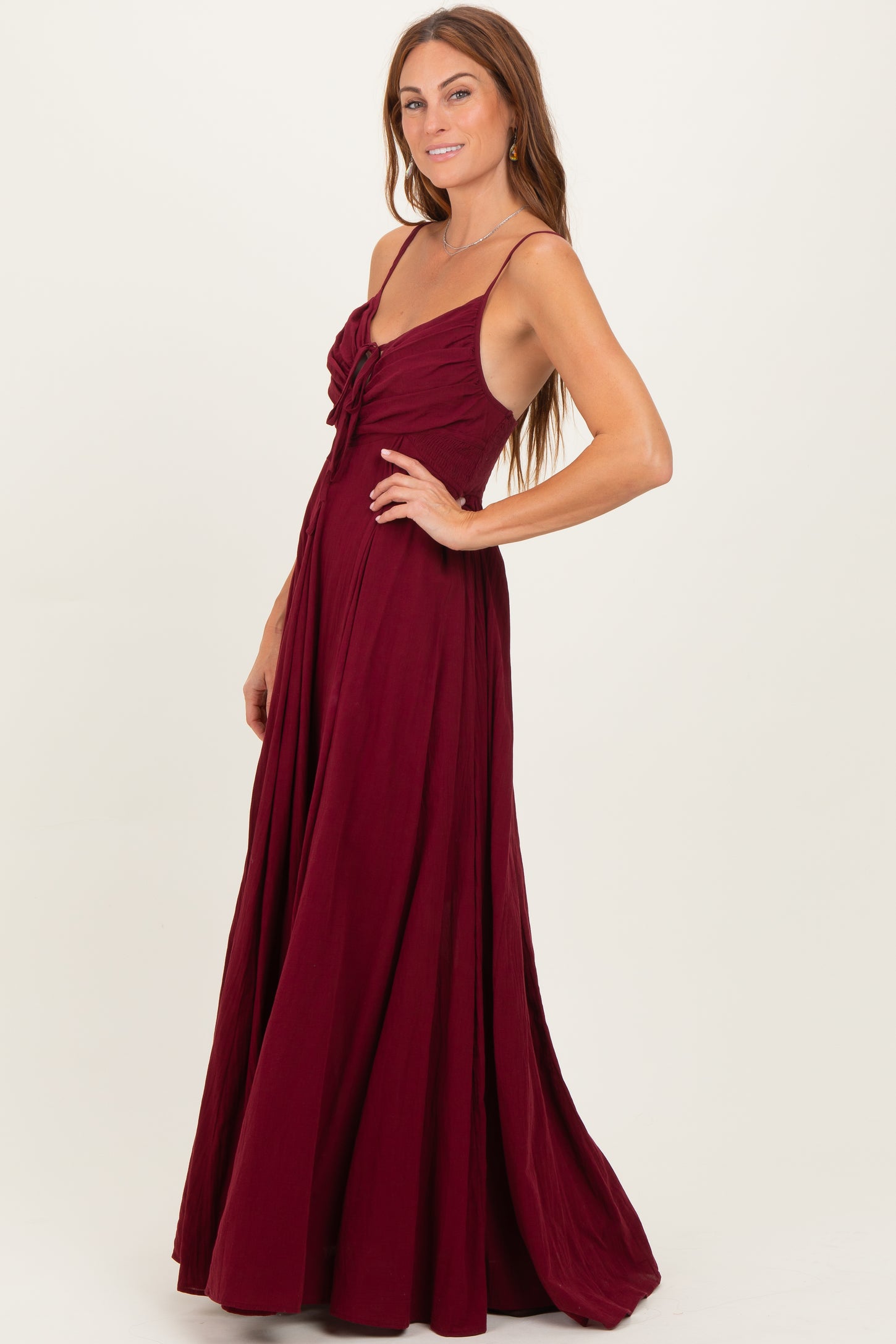 Burgundy Gathered Tie Front Maxi Dress