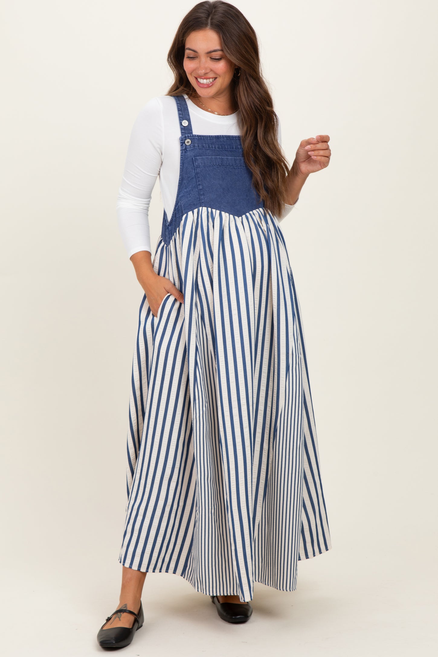 Blue Striped Colorblock Denim Contrast Maternity Maxi Dress