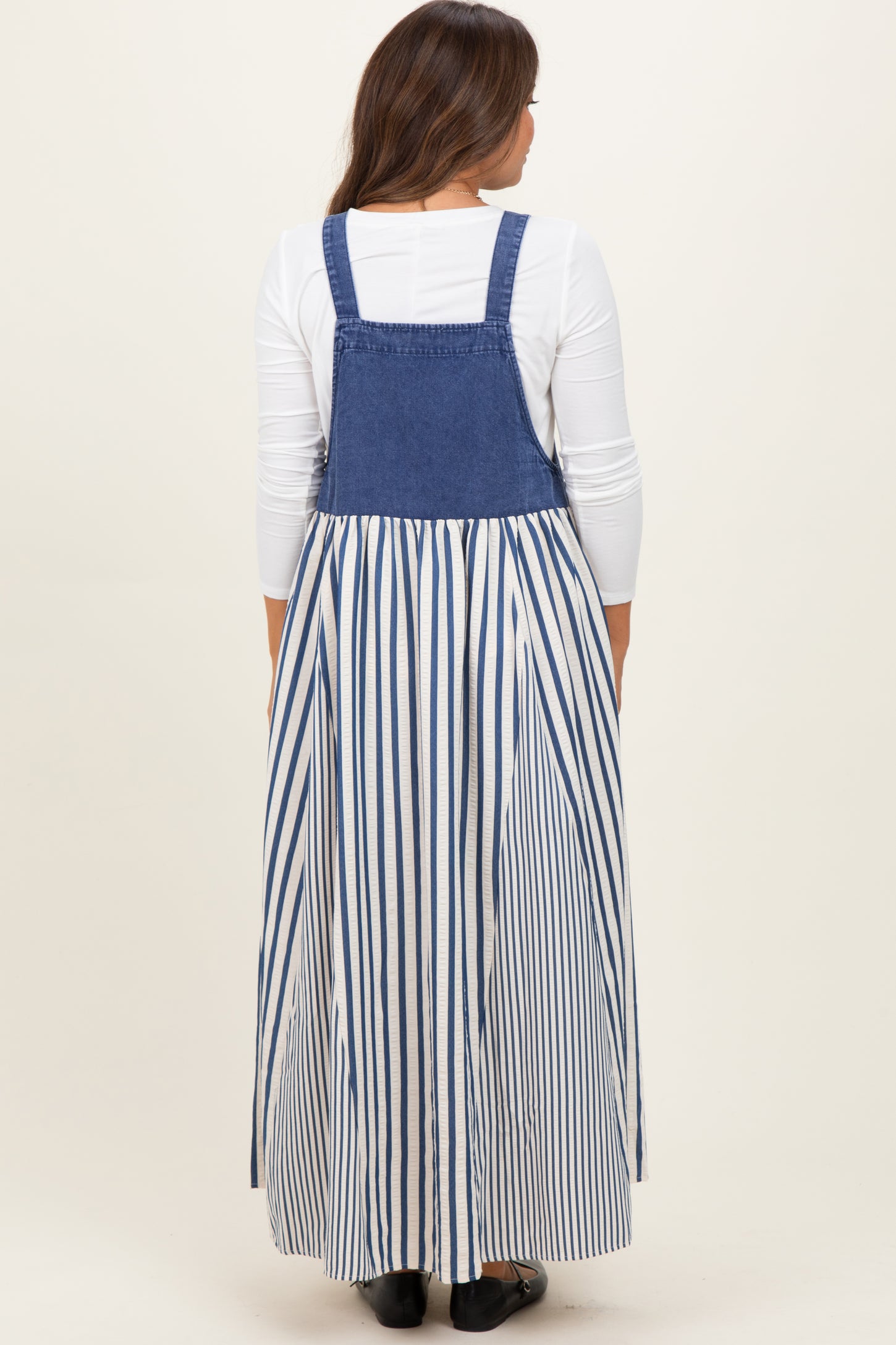 Blue Striped Colorblock Denim Contrast Maternity Maxi Dress