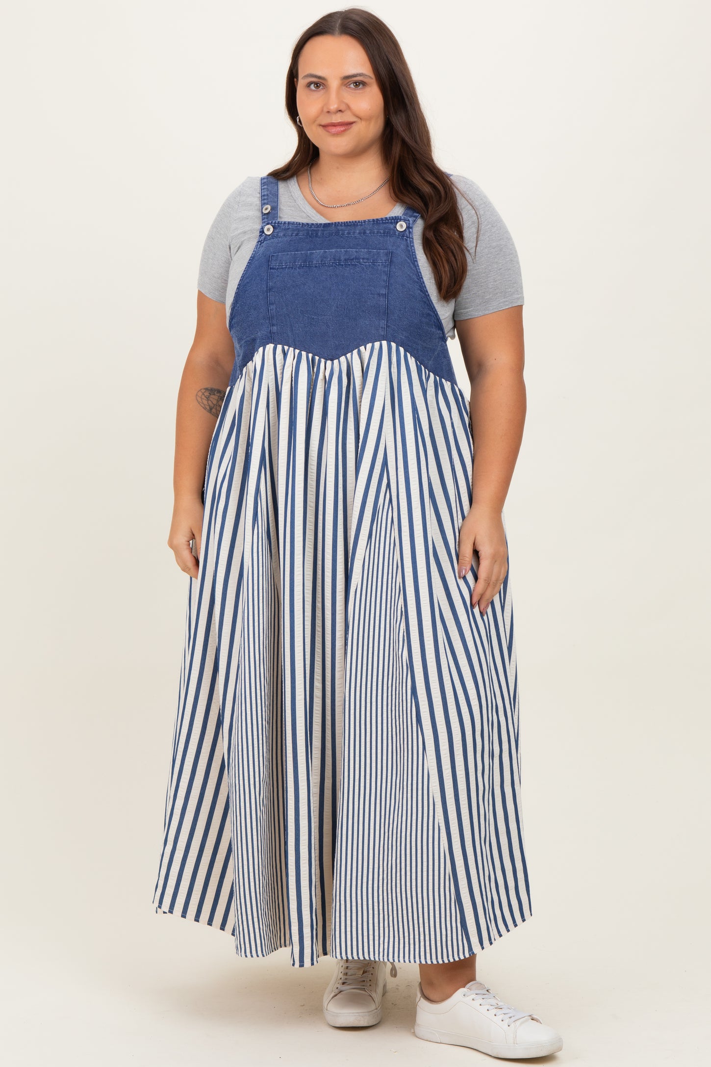 Blue Striped Colorblock Denim Contrast Plus Maxi Dress