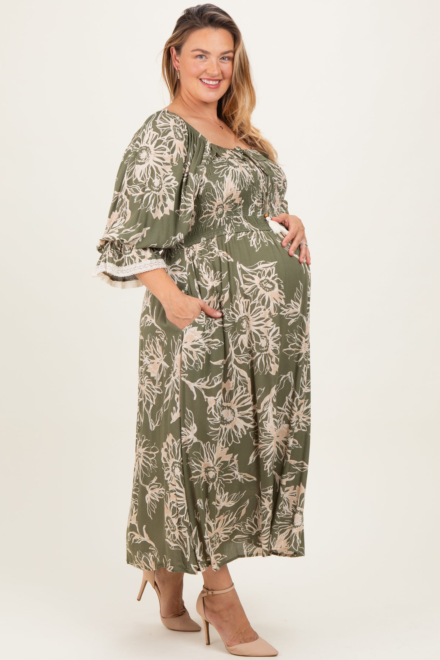 Olive Floral Smocked 3/4 Sleeve Maternity Plus Midi Dress