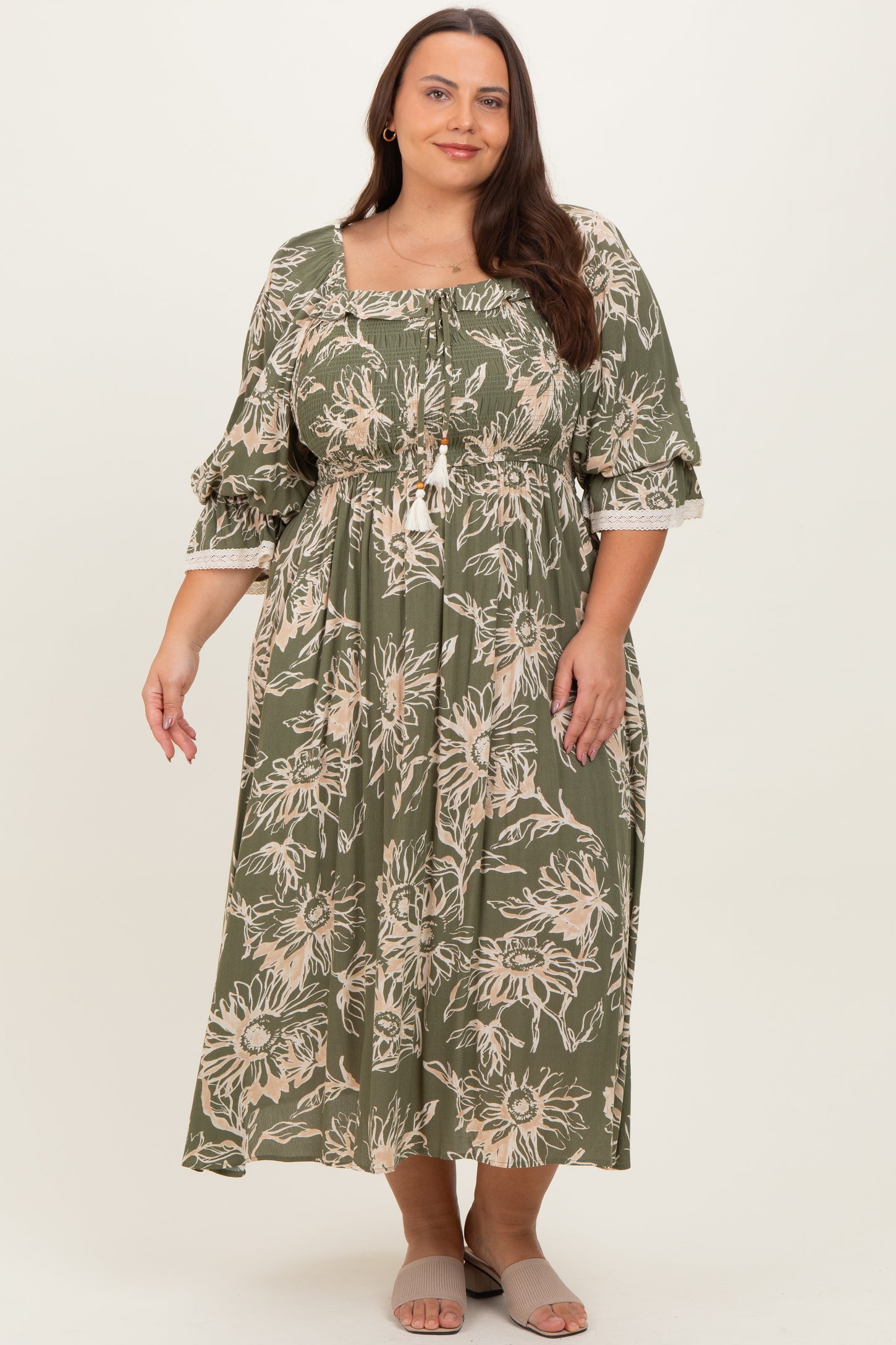 Olive Floral Smocked 3/4 Sleeve Maternity Plus Midi Dress