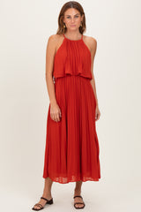 Red Pleated Woven Midi Dress