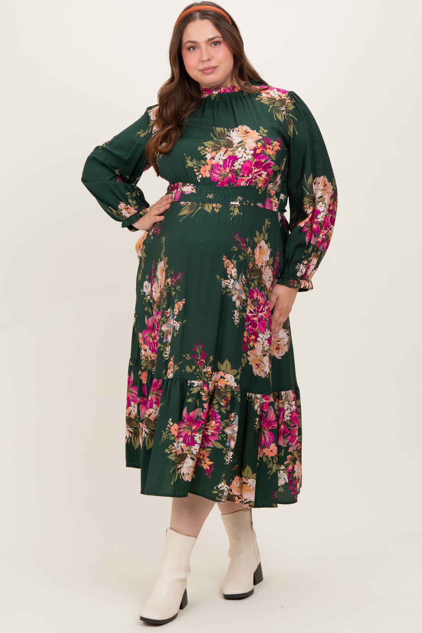 Forest Green Floral Long Sleeve Maternity Plus Midi Dress