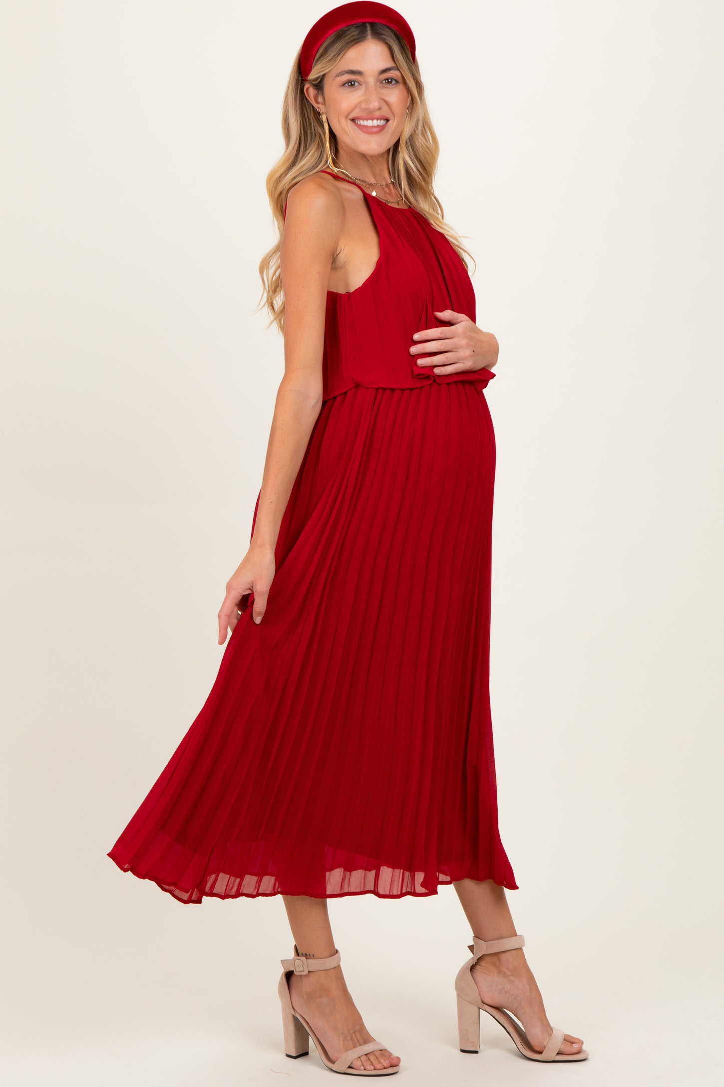 Burgundy Pleated Woven Maternity Midi Dress