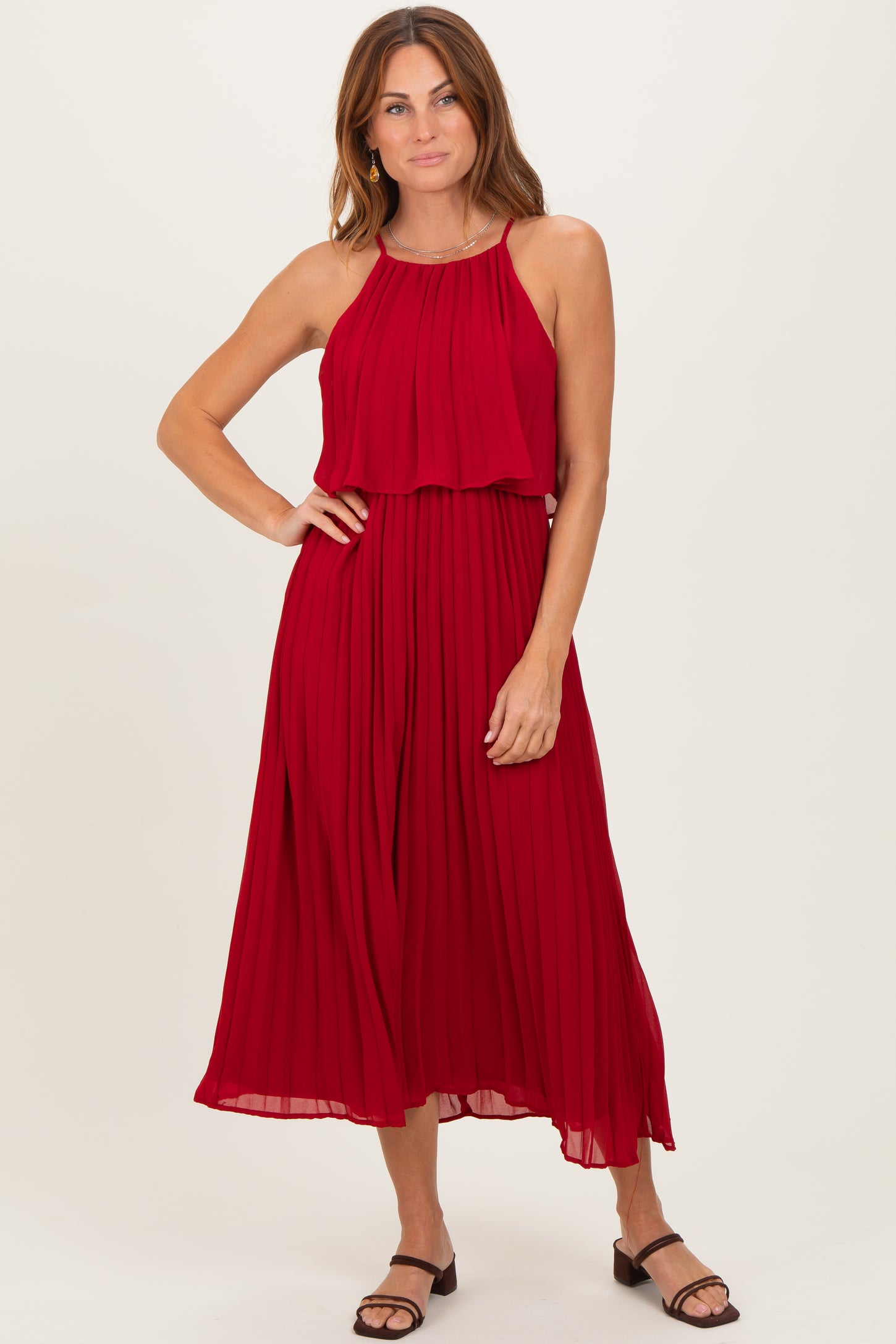 Burgundy Pleated Woven Maternity Midi Dress