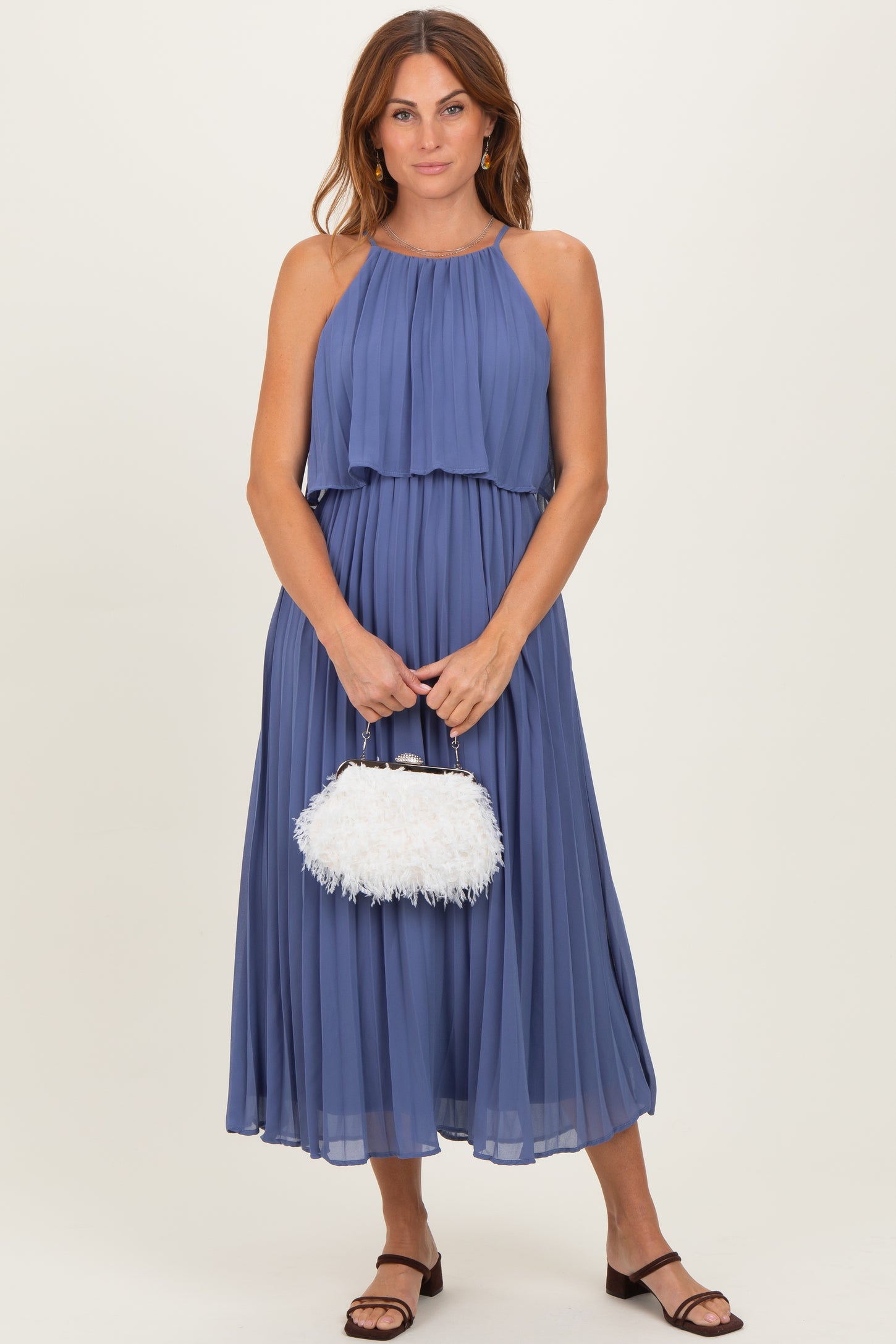 Light Navy Pleated Woven Midi Dress