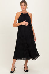 Black Pleated Woven Maternity Midi Dress