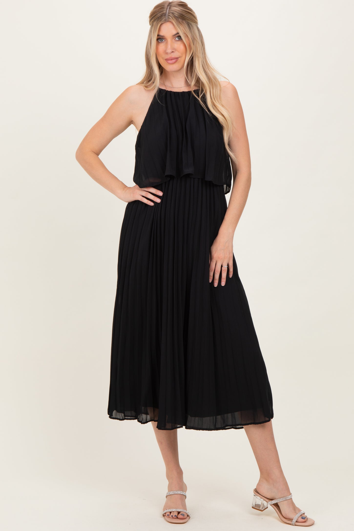 Black Pleated Woven Maternity Midi Dress