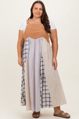 Mocha Multicolor Colorblock Plaid Denim Overall Plus Maternity Dress