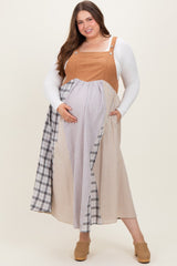 Mocha Multicolor Colorblock Plaid Denim Overall Plus Maternity Dress