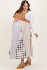 Mocha Multicolor Colorblock Plaid Denim Overall Plus Maternity Dress