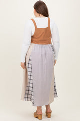 Mocha Multicolor Colorblock Plaid Denim Overall Plus Maternity Dress