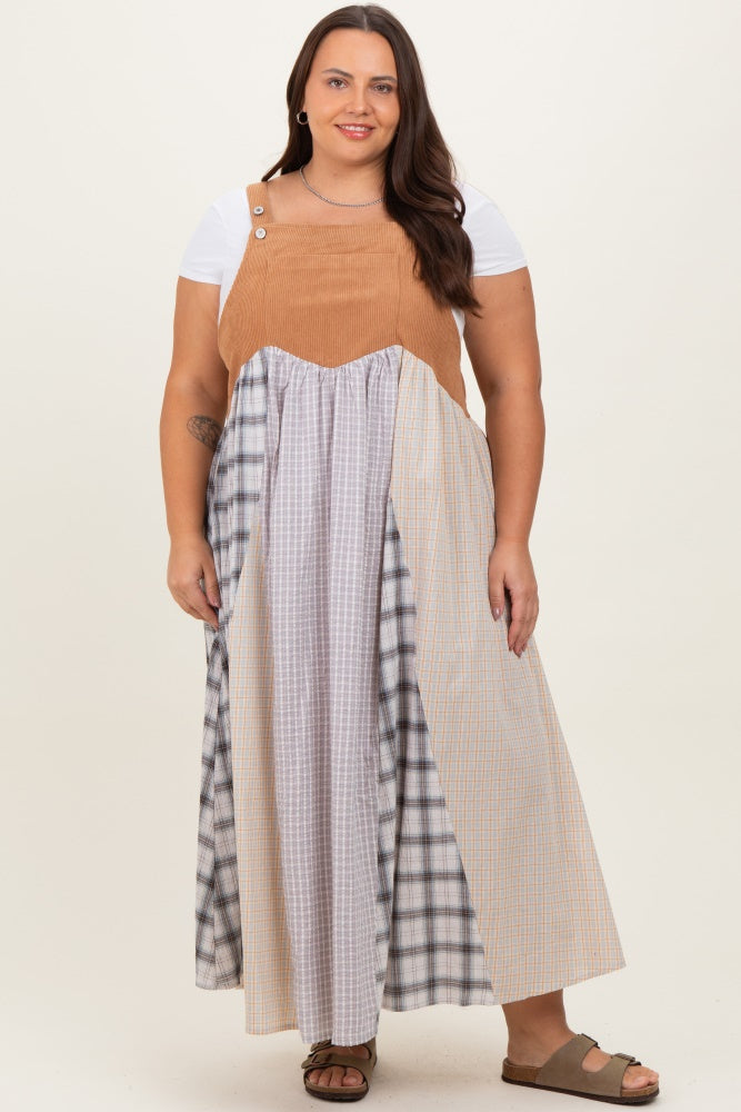 Mocha Multicolor Colorblock Plaid Denim Overall Plus Maternity Dress