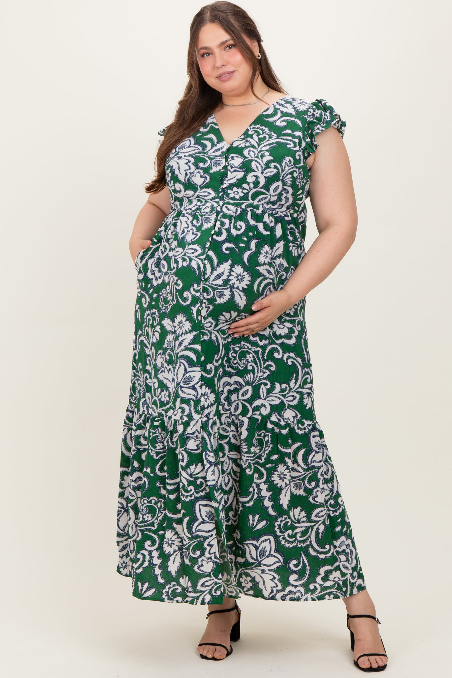 Cream-Green Floral Button Down Plus Maternity Maxi Dress