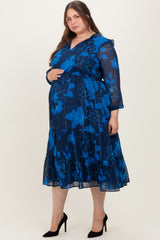 Navy Blue Floral Tiered Plus Maternity Midi Dress
