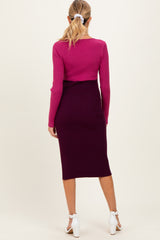 Magenta Knit Colorblock Long Sleeve Maternity Midi Dress