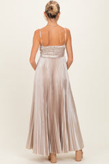 Beige Pleated Satin Sleeveless Maternity Maxi Dress