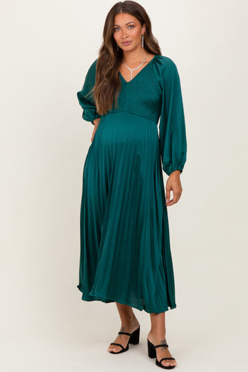 Forest Green Satin Smocked Pleated Maternity Midi Dress