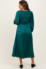 Forest Green Satin Smocked Pleated Maternity Midi Dress