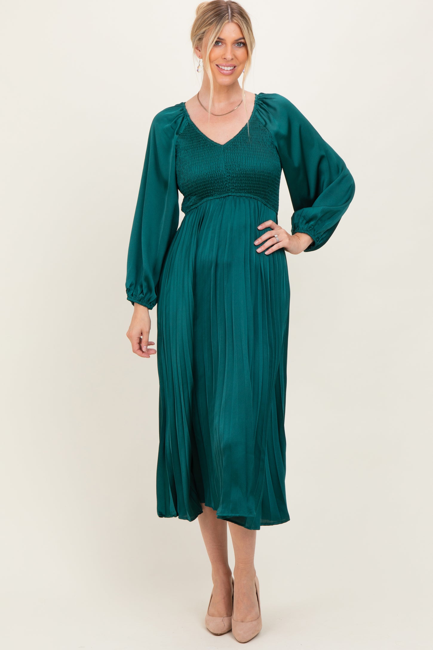 Forest Green Satin Smocked Pleated Midi Dress