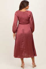 Mauve Satin Smocked Pleated Maternity Midi Dress