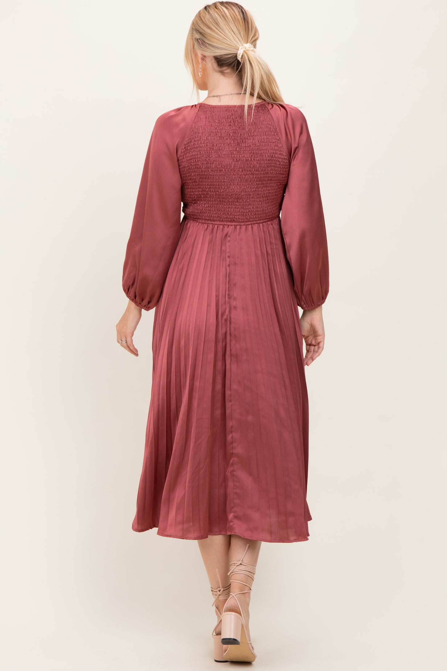 Mauve Satin Smocked Pleated Midi Dress